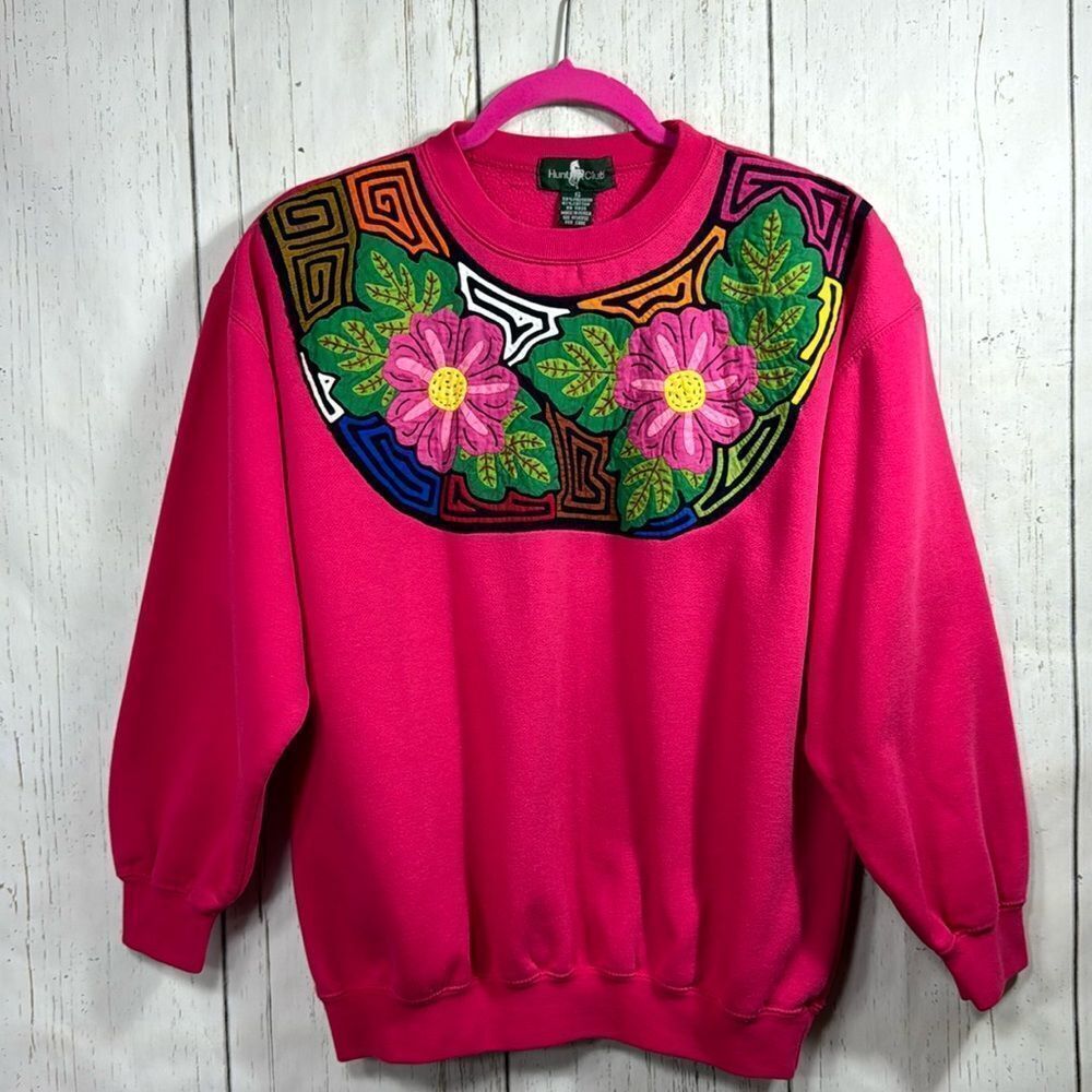 Hunt Club Vintage Embroidered Hot Pink Long Sleeve Crewneck Pullover Sweater